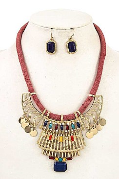 METAL DISK BEAD ORNATE CORD NECKLACE SET