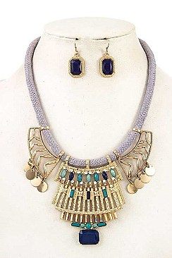 METAL DISK BEAD ORNATE CORD NECKLACE SET