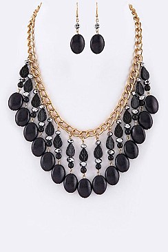 Chic Carved Stone Leaves & Beads Statement Necklace Set LA-YNE2944