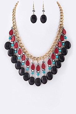 Chic Carved Stone Leaves & Beads Statement Necklace Set LA-YNE2944