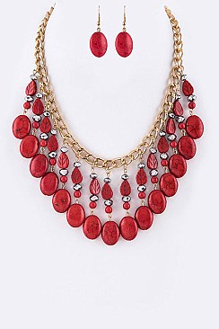 Chic Carved Stone Leaves & Beads Statement Necklace Set LA-YNE2944