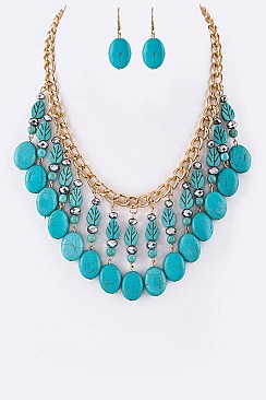 Chic Carved Stone Leaves & Beads Statement Necklace Set LA-YNE2944