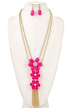 TRIPLE LINK FLOWER CHAIN TASSEL NECKLACE SET