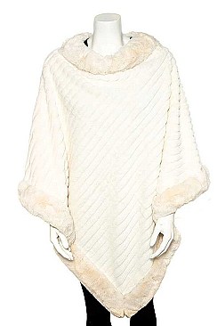 FAUX FUR PLEATED TRIM PONCHO