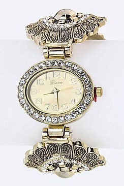 Stylish Crystal Flower Open Bangle Watch LA-1536