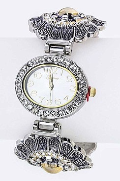 Stylish Crystal Flower Open Bangle Watch LA-1536