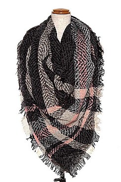 FRINGE TRIM PLAID BLANKET SCARF