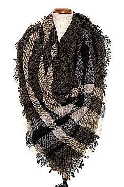 FRINGE TRIM PLAID BLANKET SCARF