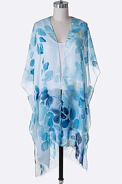 Leaf Printed Watercolor Fringe Kimono