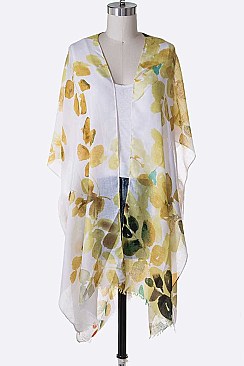 Leaf Printed Watercolor Fringe Kimono
