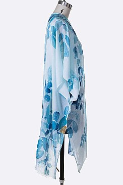 Leaf Printed Watercolor Fringe Kimono