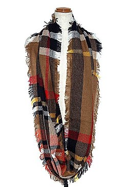 FRINGED PLAID PATTERN INFINITY SCARF