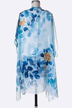 Leaf Printed Watercolor Fringe Kimono