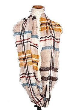 PLAID PATTERN FRINGE TRIM INFINITY SCARF