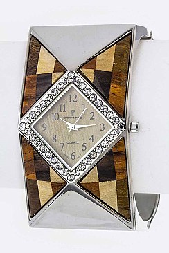 Stylish Crystal & Block Patterned Wooden Accent Bangle Watch LA-BG1235L19