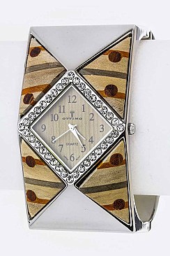 Stylish Crystal & Block Patterned Wooden Accent Bangle Watch LA-BG1235L19