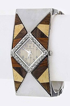 Stylish Crystal & Block Patterned Wooden Accent Bangle Watch LA-BG1235L20