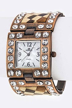 Stylish Crystal & Wooden Block Hinged Bracelet Watch LA-OB1235L2