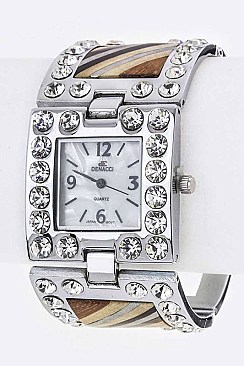 Stylish Crystal & Wooden Block Hinged Bracelet Watch LA-OB1235L2