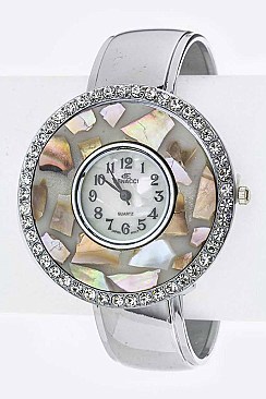 Fashionable Pave Shell Bezel Fashion Bangle Watch LA-BG1234L15-3