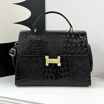 Quality " H " Metal Accent Crocodile Satchel