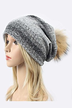 Raccoon Fur PomPom Stripe Cotton Blend Slouchy Beanie