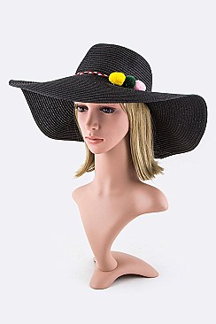 Pack of 12 Plushy Pompom Band Straw Floppy Hat