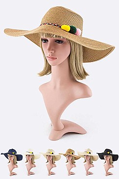 Pack of 12 Plushy Pompom Band Straw Floppy Hat