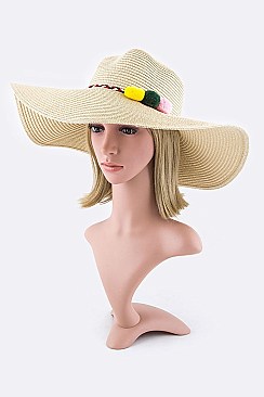 Pack of 12 Plushy Pompom Band Straw Floppy Hat