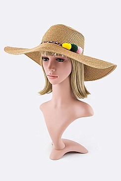 Pack of 12 Plushy Pompom Band Straw Floppy Hat
