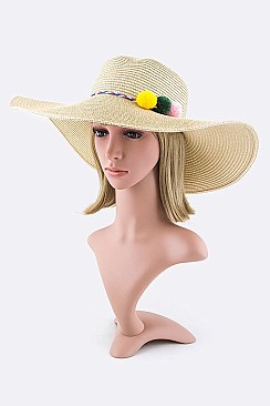 Pack of 12 Plushy Pompom Band Straw Floppy Hat