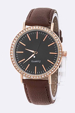 Trendy Crystal Bezel Leather Band Fashion Watch LA 04-4171
