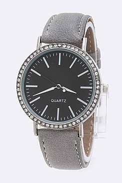 Trendy Crystal Bezel Leather Band Fashion Watch LA 04-4171