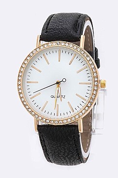 Trendy Crystal Bezel Leather Band Fashion Watch LA 04-4171