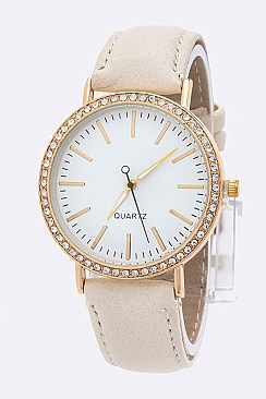 Trendy Crystal Bezel Leather Band Fashion Watch LA 04-4171