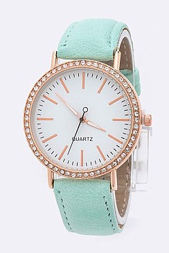 Trendy Crystal Bezel Leather Band Fashion Watch LA 04-4171