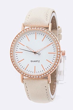 Trendy Crystal Bezel Leather Band Fashion Watch LA 04-4171