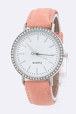 Trendy Crystal Bezel Leather Band Fashion Watch LA 04-4171
