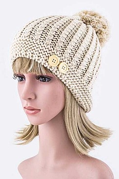 Trendy Button Accent Pom Pom Beanie LA-EMH8529