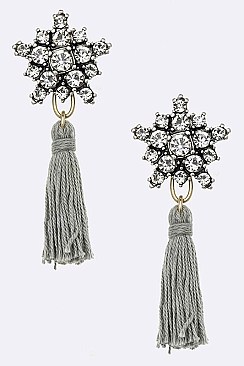 Posh Crystal Flower Cotton Tassel Iconic Earrings LAE3010Z
