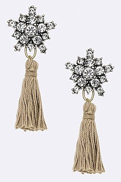Posh Crystal Flower Cotton Tassel Iconic Earrings LAE3010Z