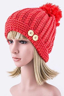 Trendy Button Accent Pom Pom Beanie LA-EMH8529