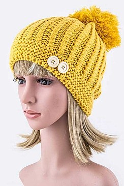 Trendy Button Accent Pom Pom Beanie LA-EMH8529