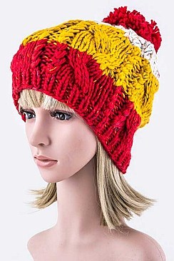 Stylish Tri Color Lined Pom Pom Knit Beanie LA-EMH8517