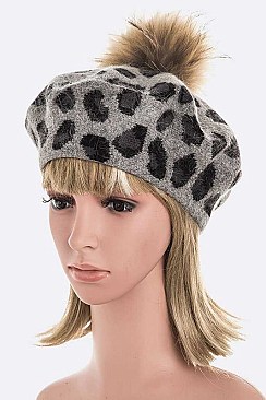 Leopard Print Fur Pom Winter Beret