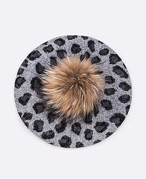 Leopard Print Fur Pom Winter Beret