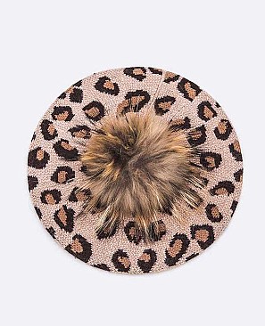 Leopard Print Fur Pom Winter Beret