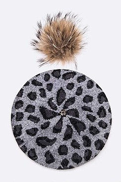 Leopard Print Fur Pom Winter Beret