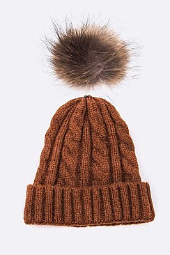 Pom Cable Knit Raccoon Fur Soft Beanie