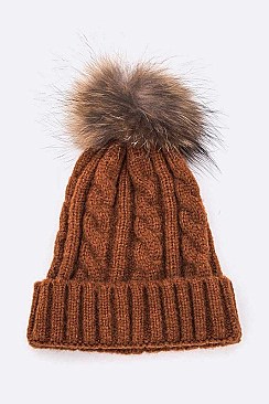 Pom Cable Knit Raccoon Fur Soft Beanie